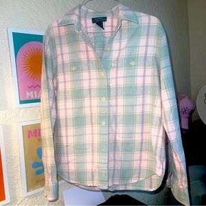 Lauren Ralph Lauren Flannel Pink Gray Sweater Button down long sleeve S/m Blouse